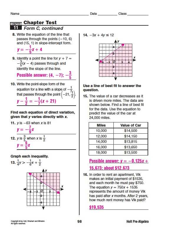 Algebra chapter 3 test answers
