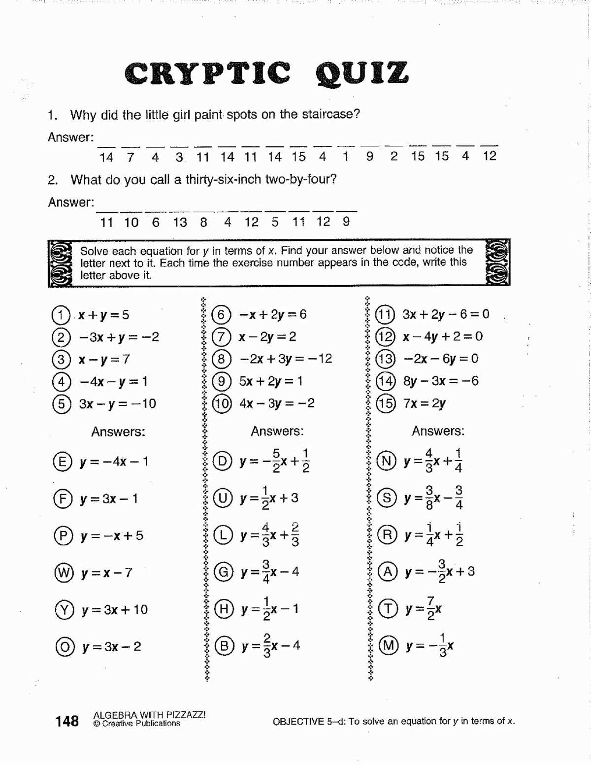 Solving Algebraic Equations with Pizzazz Answer Page 150