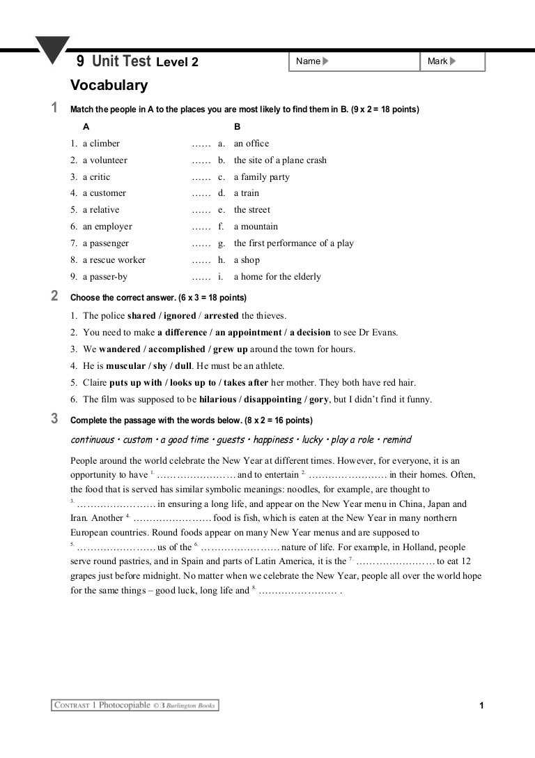 Vocab Level C Unit 9 Completing the Sentence Answers