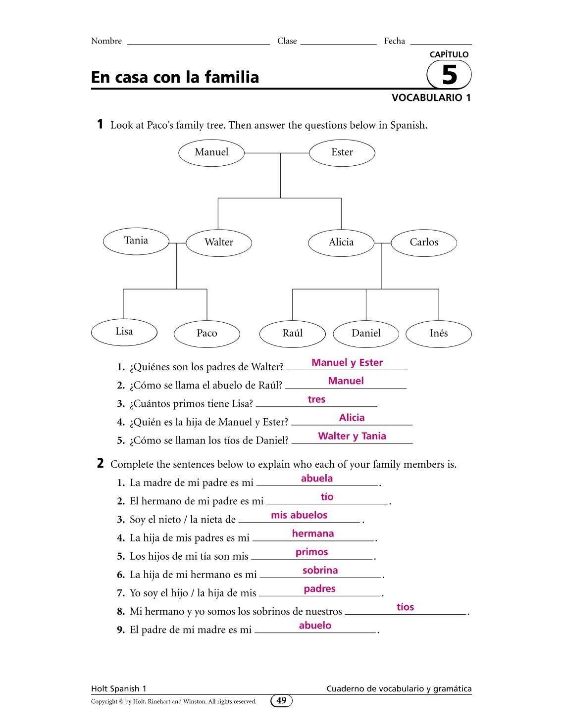 Overview of Holt Spanish 2 Workbook Answers Chapter 1